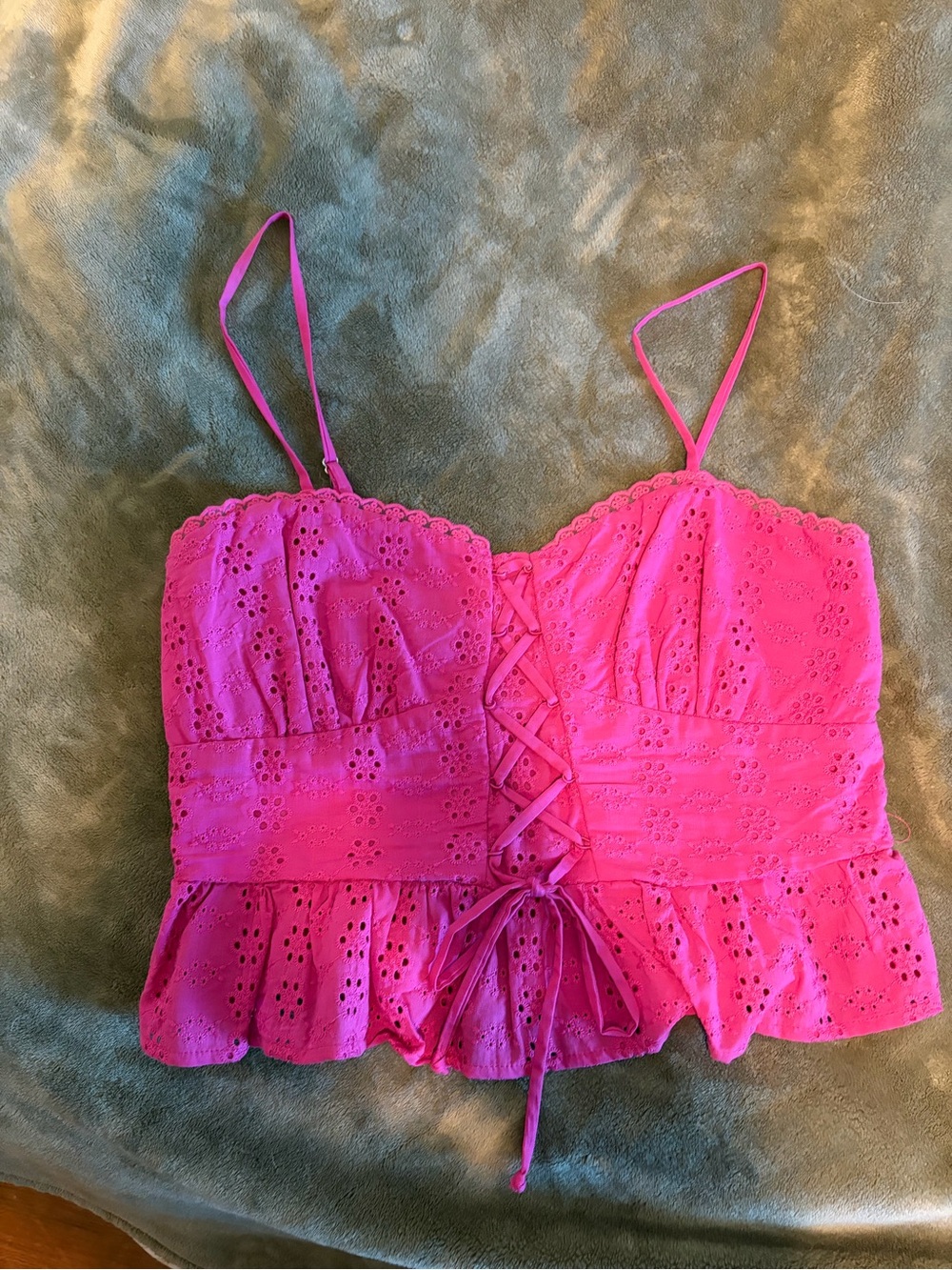 wild fable Hot Pink Eyelet Lace-Up Peplum Camisole
